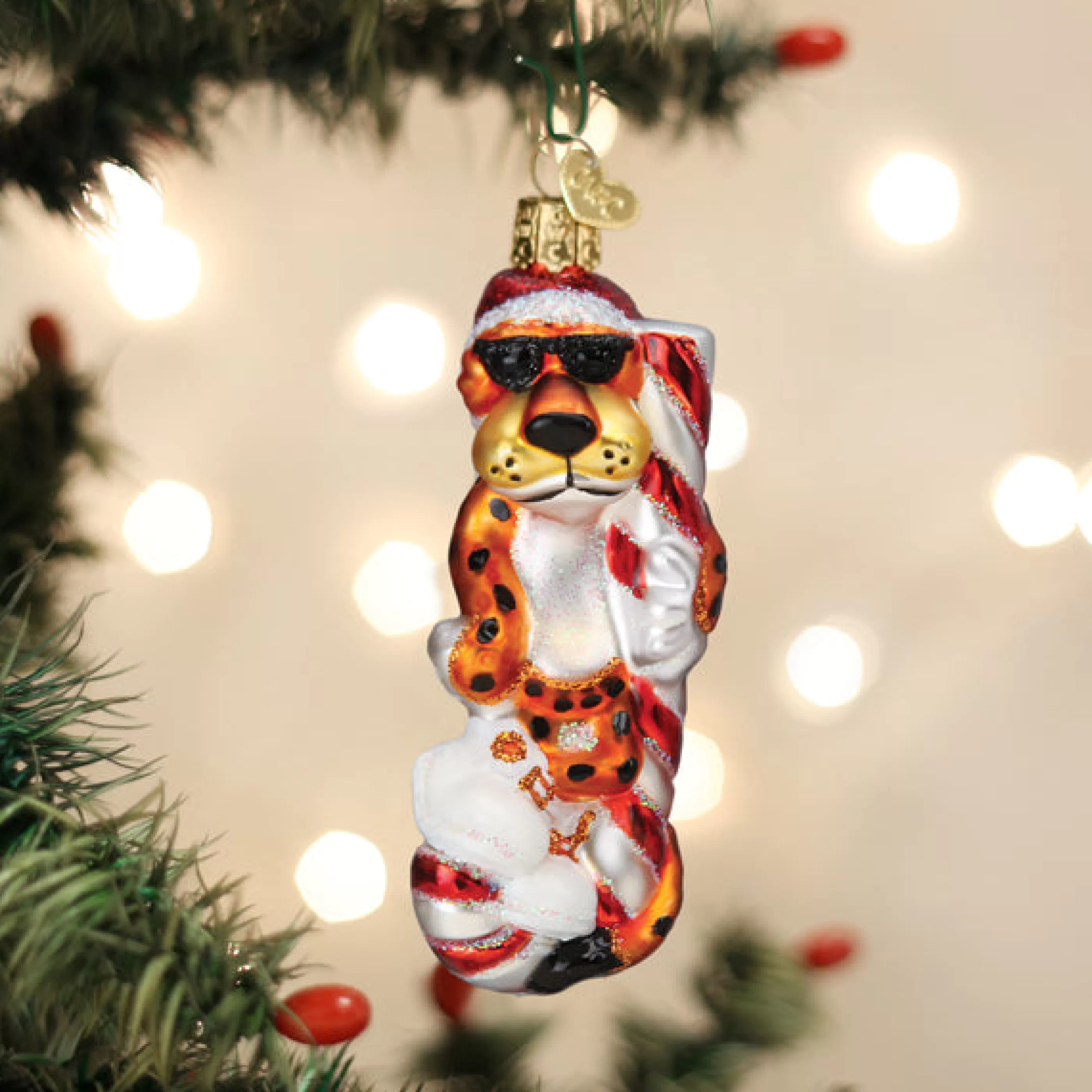 EAST WEST Chester Cheetah On Candy Cane Ornament