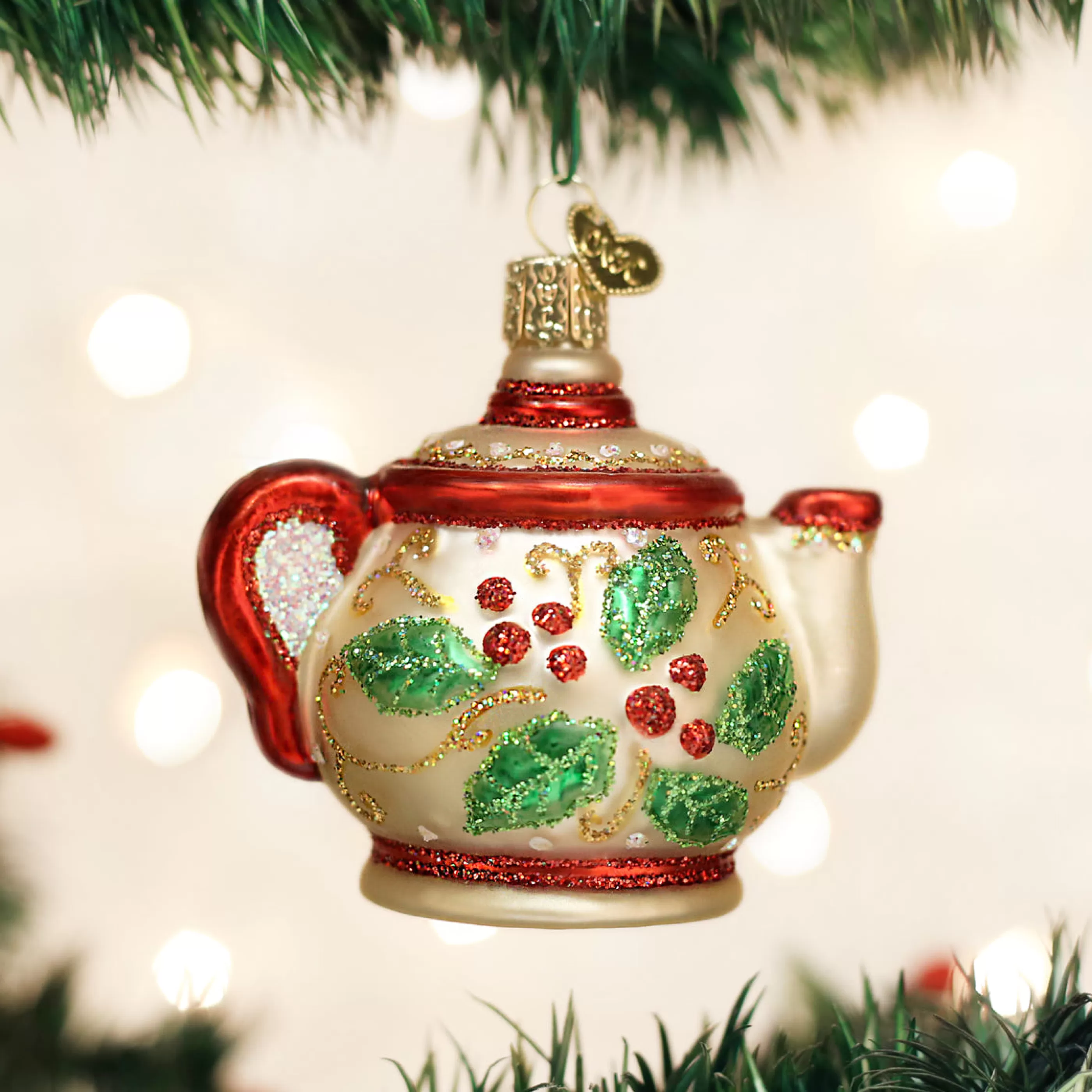 EAST WEST Holly Teapot Ornament