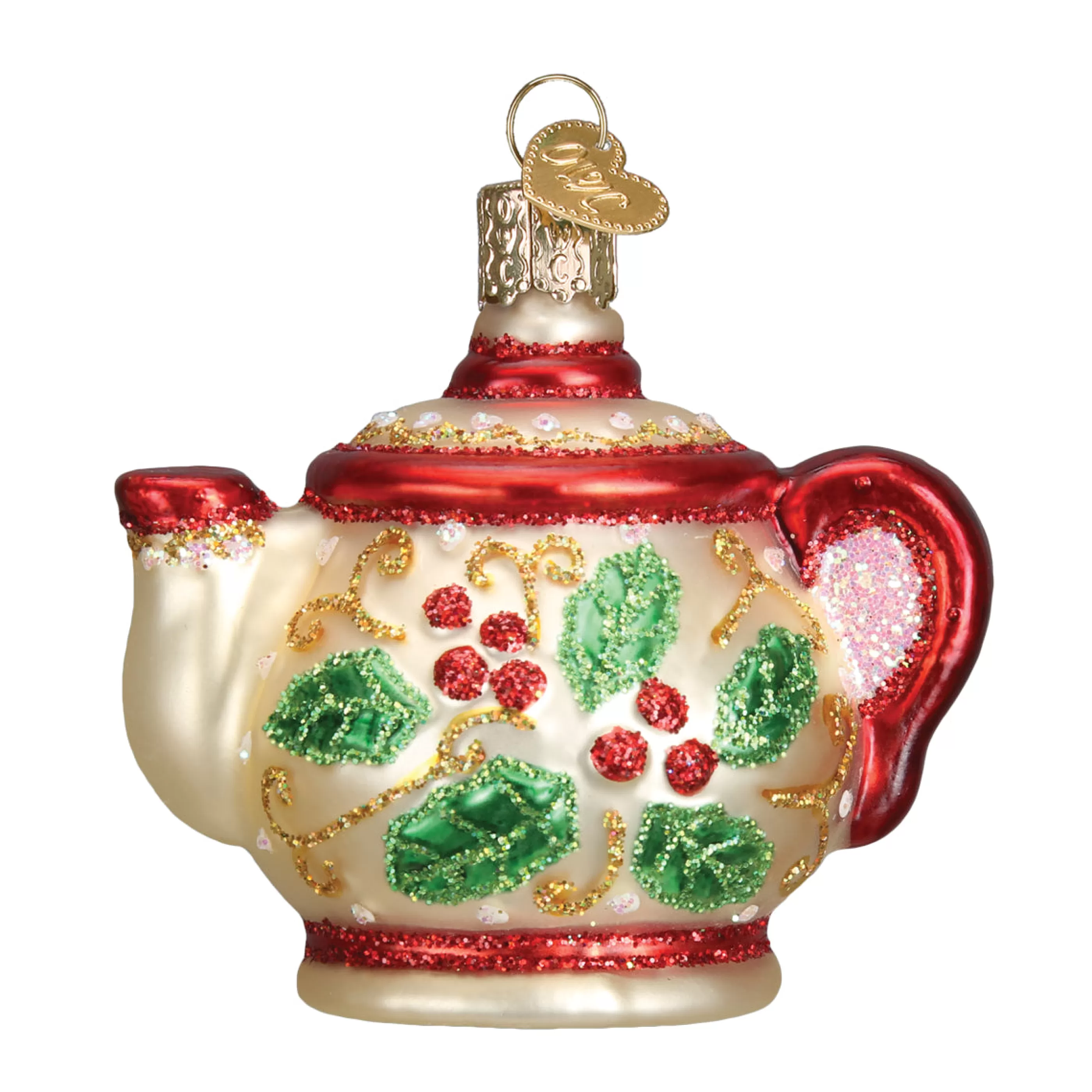 EAST WEST Holly Teapot Ornament