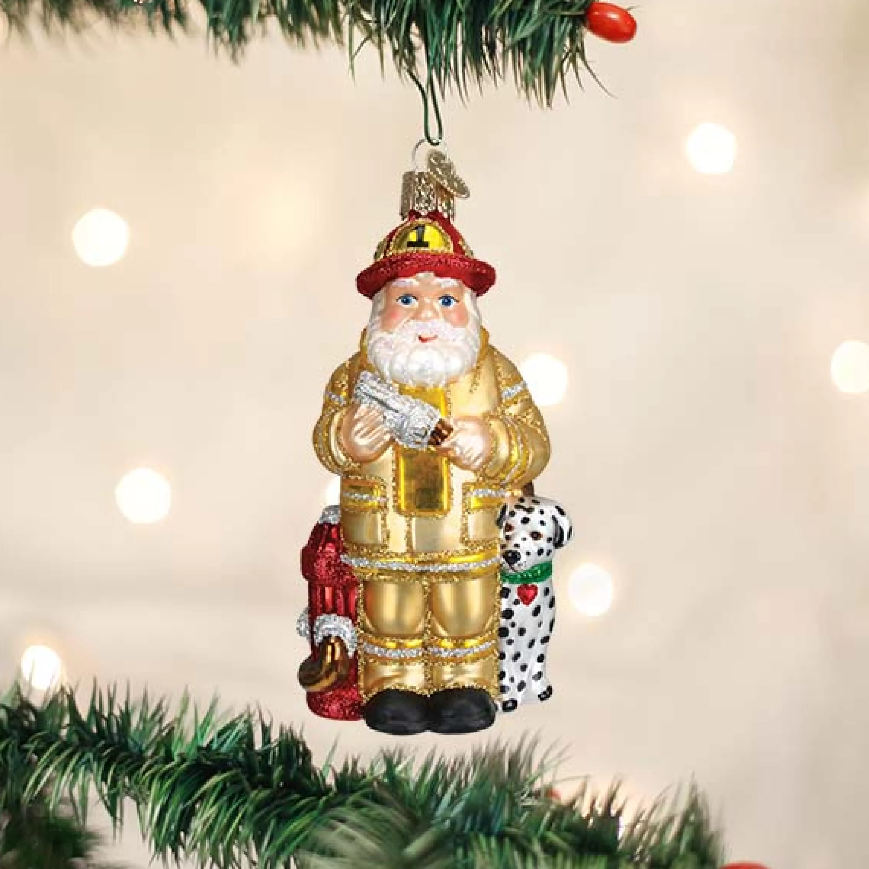 Kasa World Ltd Yellow Coat Fireman Santa Ornament